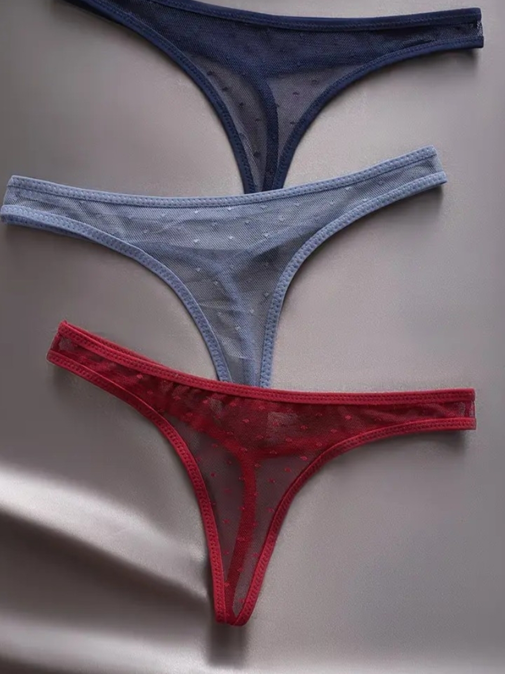 Sheer Dot Mesh Thong Panties - Navy, Light Blue & Red